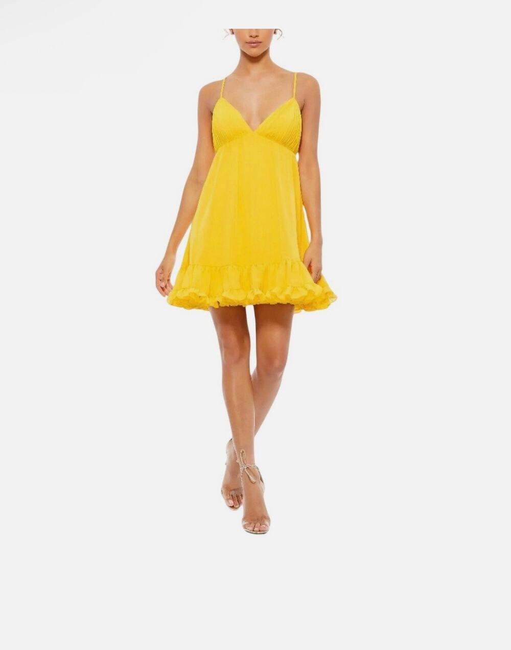 Mac Duggal Style 70194 Ruffle V-Neck Criss-Cross Mini Dress – Marigold – Size 2